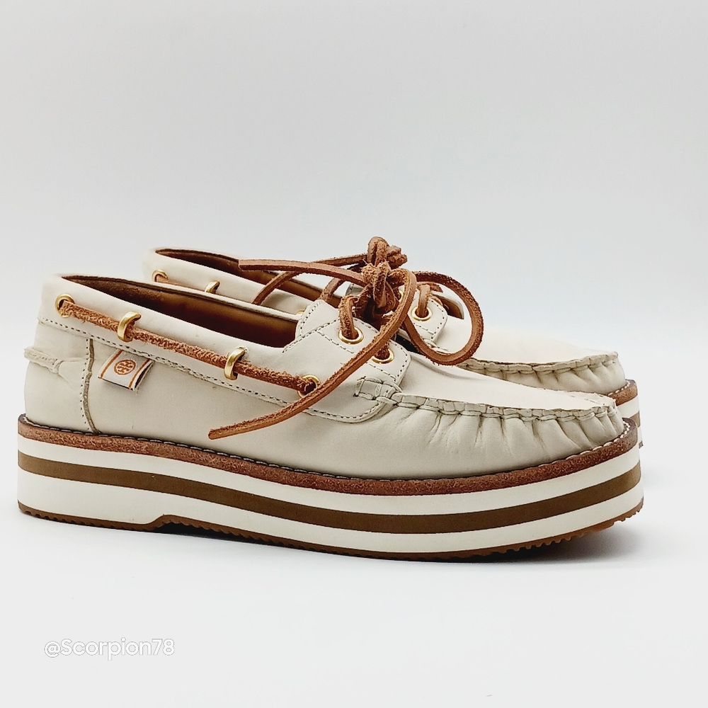 🔥 Last Call Tory Burch Joey Flat Form Boat  Nubuck Shoes 63759 Size 5 Women - Picture 4 of 11